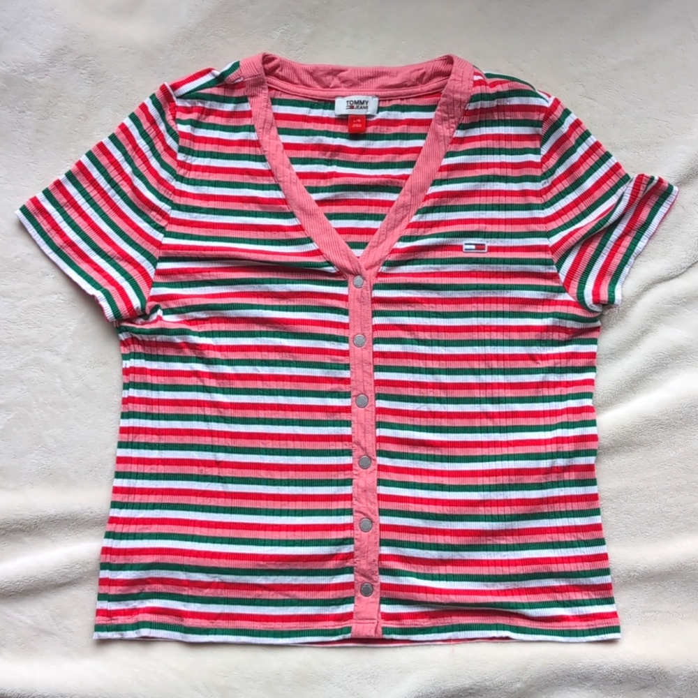 TOMMY JEANS Striped Faux Button Crop‎ Top Sz L